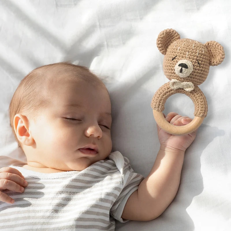 1Pc Baby  Rattle Wooden Teether Ring Toddler Toys