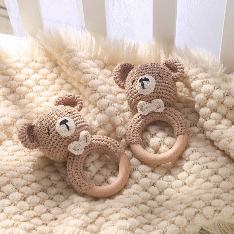 1Pc Baby  Rattle Wooden Teether Ring Toddler Toys