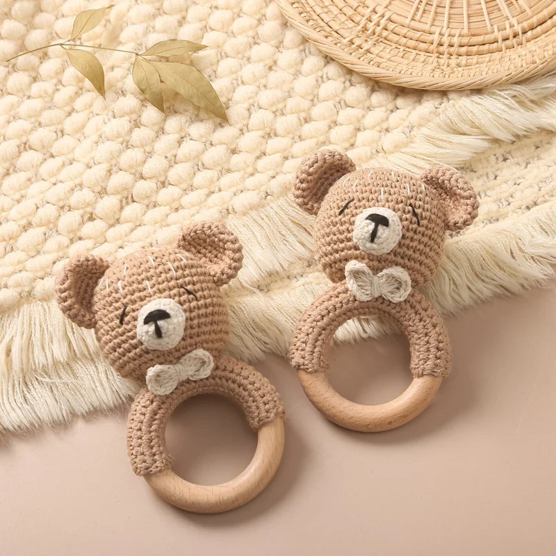 1Pc Baby  Rattle Wooden Teether Ring Toddler Toys